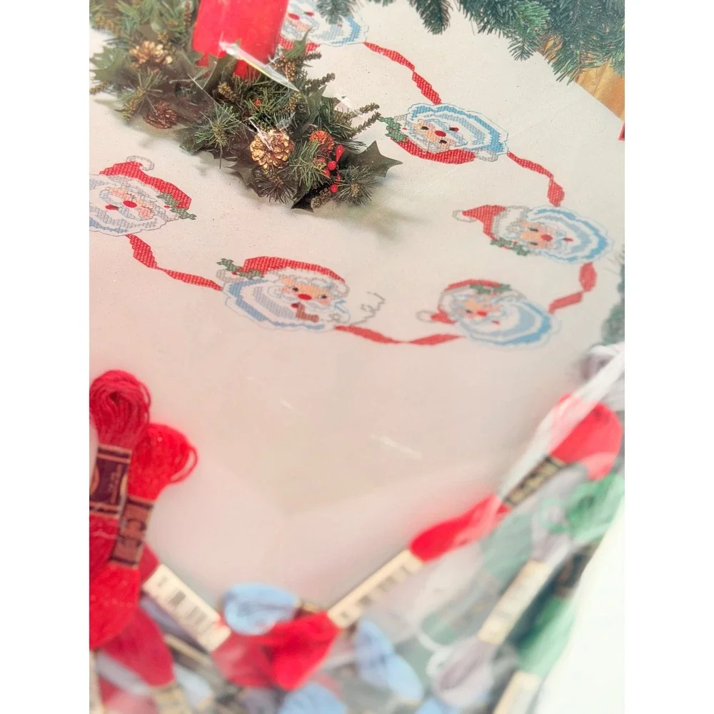 Bucilla Jolly Santas Stamped Cross Stitch Tablecloth Kit 83261 52x70 Christmas
